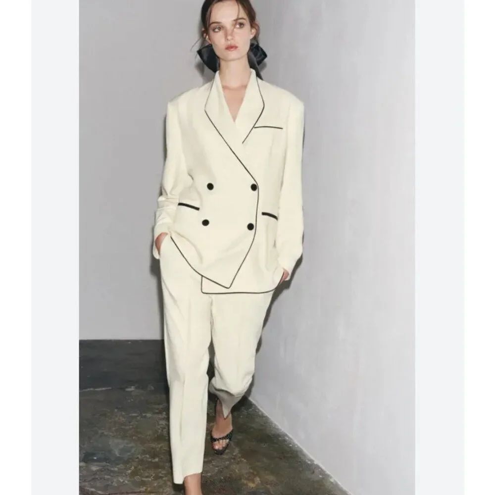 Zara Womens Blazer Contrast  Trim Jacket Sz M Ecru Double Breasted 3085/694 NWT